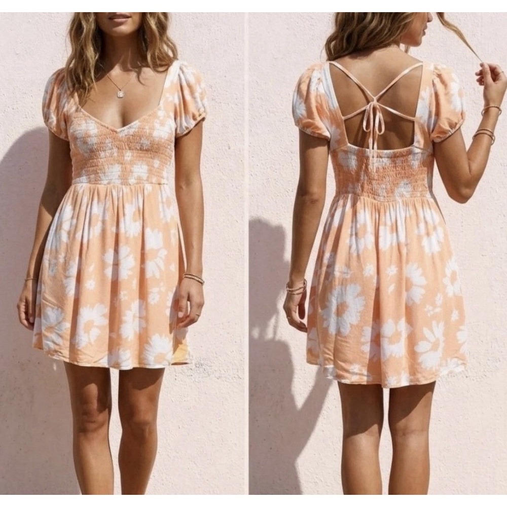 AEO Smocked Floral Mini Dress XL Balloon Sleeve Back Tie White Orange Boho Chic